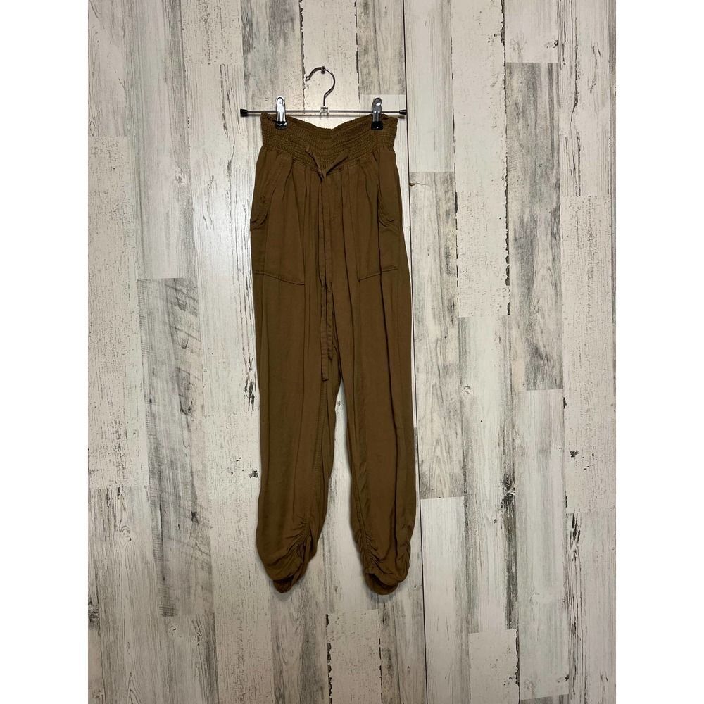 Cavalini Boho Smocked Waist Harem Jogger Pants Womens Small Brown Ruched Hems